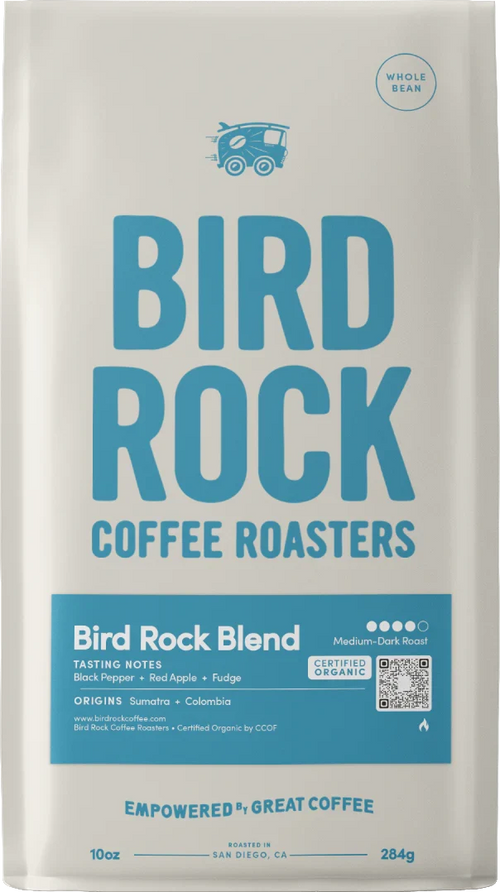 Bird Rock Blend coffee bag with bold blue branding and a tasting notes panel.