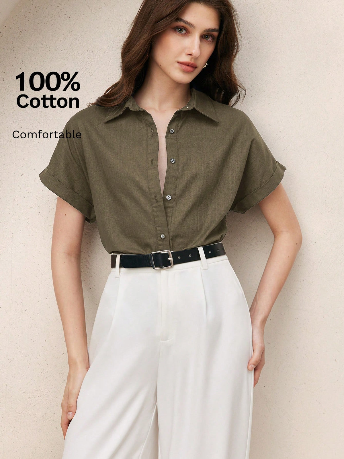 BizChic Green Women's Shirt, Front Button-Up, Lapel Collar, Short Sleeve, Elegant Minimalist Casual Commute Date Daily Vacation Independence Day Graduation Season Music Festival Slimming Elegant Versa