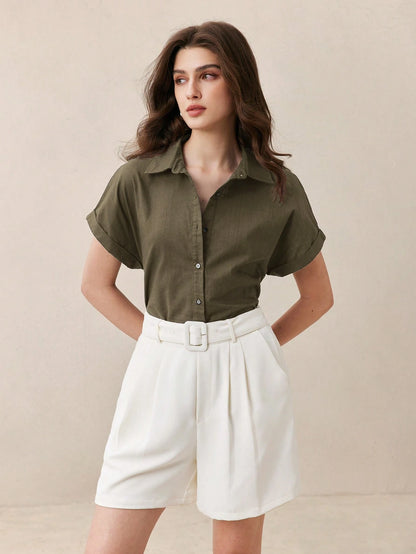 BizChic Green Women's Shirt, Front Button-Up, Lapel Collar, Short Sleeve, Elegant Minimalist Casual Commute Date Daily Vacation Independence Day Graduation Season Music Festival Slimming Elegant Versa