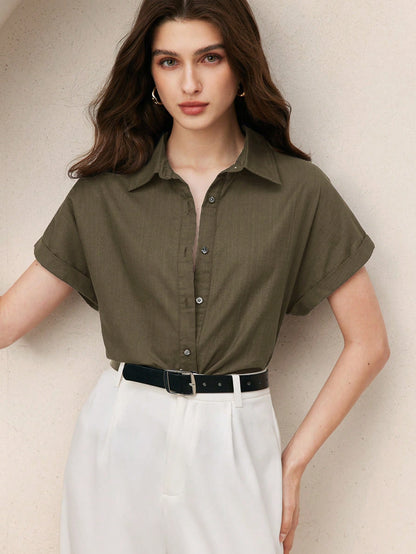 BizChic Green Women's Shirt, Front Button-Up, Lapel Collar, Short Sleeve, Elegant Minimalist Casual Commute Date Daily Vacation Independence Day Graduation Season Music Festival Slimming Elegant Versa