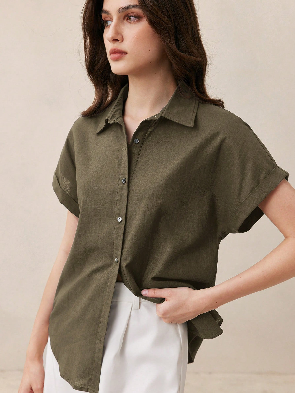 BizChic Green Women's Shirt, Front Button-Up, Lapel Collar, Short Sleeve, Elegant Minimalist Casual Commute Date Daily Vacation Independence Day Graduation Season Music Festival Slimming Elegant Versa