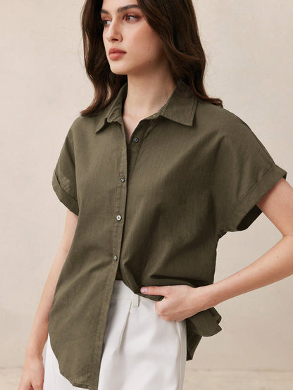 BizChic Green Women's Shirt, Front Button-Up, Lapel Collar, Short Sleeve, Elegant Minimalist Casual Commute Date Daily Vacation Independence Day Graduation Season Music Festival Slimming Elegant Versa