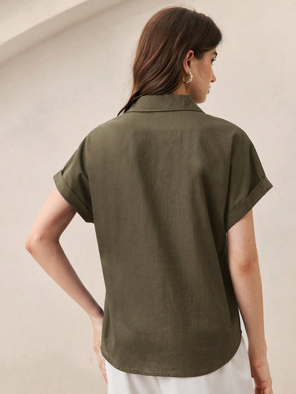 BizChic Green Women's Shirt, Front Button-Up, Lapel Collar, Short Sleeve, Elegant Minimalist Casual Commute Date Daily Vacation Independence Day Graduation Season Music Festival Slimming Elegant Versa