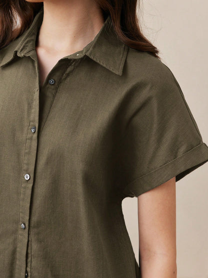BizChic Green Women's Shirt, Front Button-Up, Lapel Collar, Short Sleeve, Elegant Minimalist Casual Commute Date Daily Vacation Independence Day Graduation Season Music Festival Slimming Elegant Versa