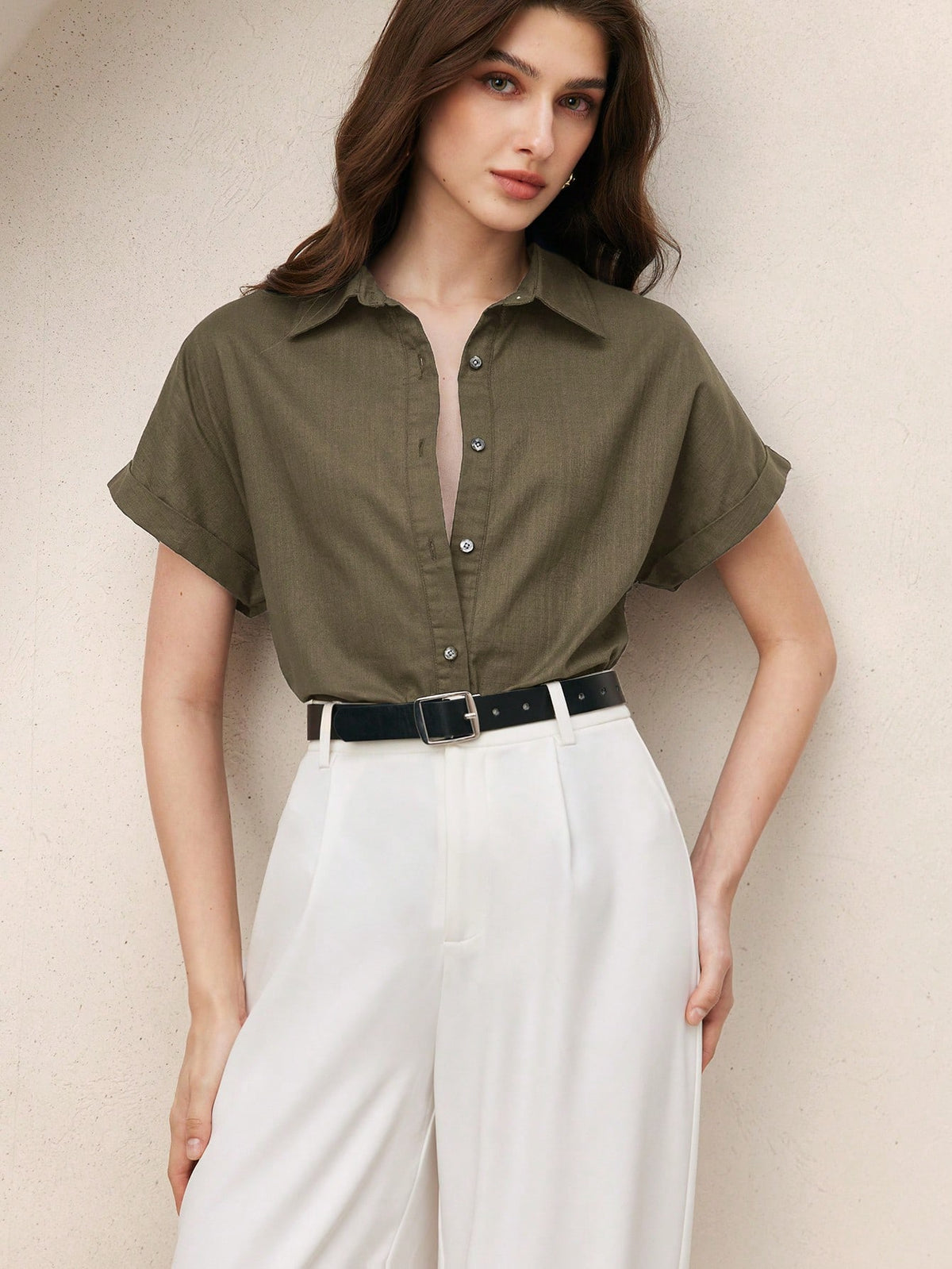 BizChic Green Women's Shirt, Front Button-Up, Lapel Collar, Short Sleeve, Elegant Minimalist Casual Commute Date Daily Vacation Independence Day Graduation Season Music Festival Slimming Elegant Versa