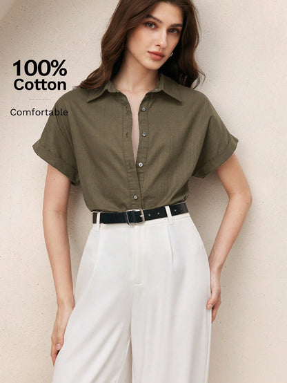 BizChic Green Women's Shirt, Front Button-Up, Lapel Collar, Short Sleeve, Elegant Minimalist Casual Commute Date Daily Vacation Independence Day Graduation Season Music Festival Slimming Elegant Versa
