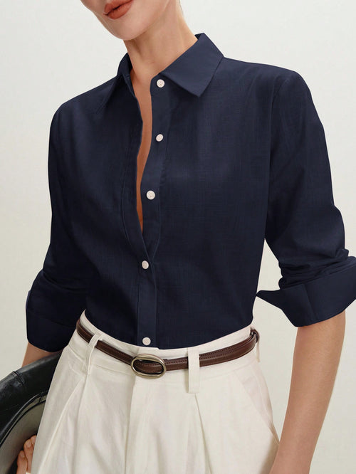 BizChic Navy Blue Women's Shirt, Spring Turn-Down Collar Off-Shoulder Front Open Single-Breasted Button Elegant Minimalist Casual Commute Date Daily Vacation Independence Day Graduation Season Music F