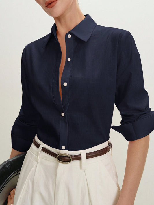 BizChic Navy Blue Women's Shirt, Spring Turn-Down Collar Off-Shoulder Front Open Single-Breasted Button Elegant Minimalist Casual Commute Date Daily Vacation Independence Day Graduation Season Music F
