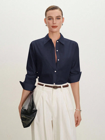 BizChic Navy Blue Women's Shirt, Spring Turn-Down Collar Off-Shoulder Front Open Single-Breasted Button Elegant Minimalist Casual Commute Date Daily Vacation Independence Day Graduation Season Music F