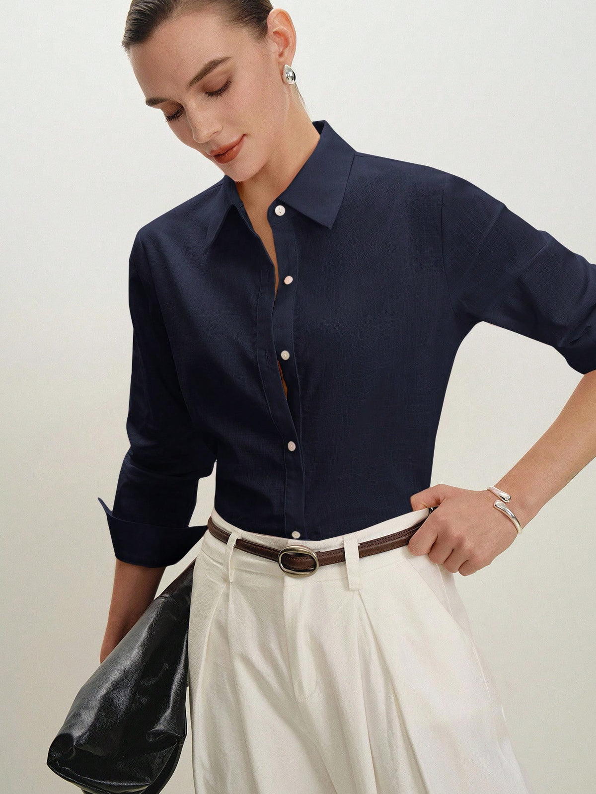 BizChic Navy Blue Women's Shirt, Spring Turn-Down Collar Off-Shoulder Front Open Single-Breasted Button Elegant Minimalist Casual Commute Date Daily Vacation Independence Day Graduation Season Music F