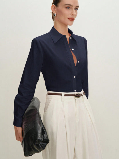 BizChic Navy Blue Women's Shirt, Spring Turn-Down Collar Off-Shoulder Front Open Single-Breasted Button Elegant Minimalist Casual Commute Date Daily Vacation Independence Day Graduation Season Music F