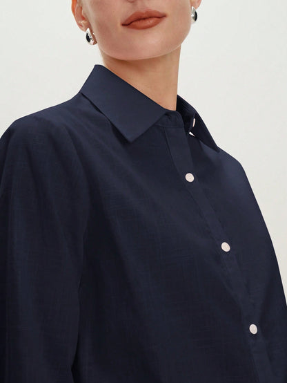 BizChic Navy Blue Women's Shirt, Spring Turn-Down Collar Off-Shoulder Front Open Single-Breasted Button Elegant Minimalist Casual Commute Date Daily Vacation Independence Day Graduation Season Music F