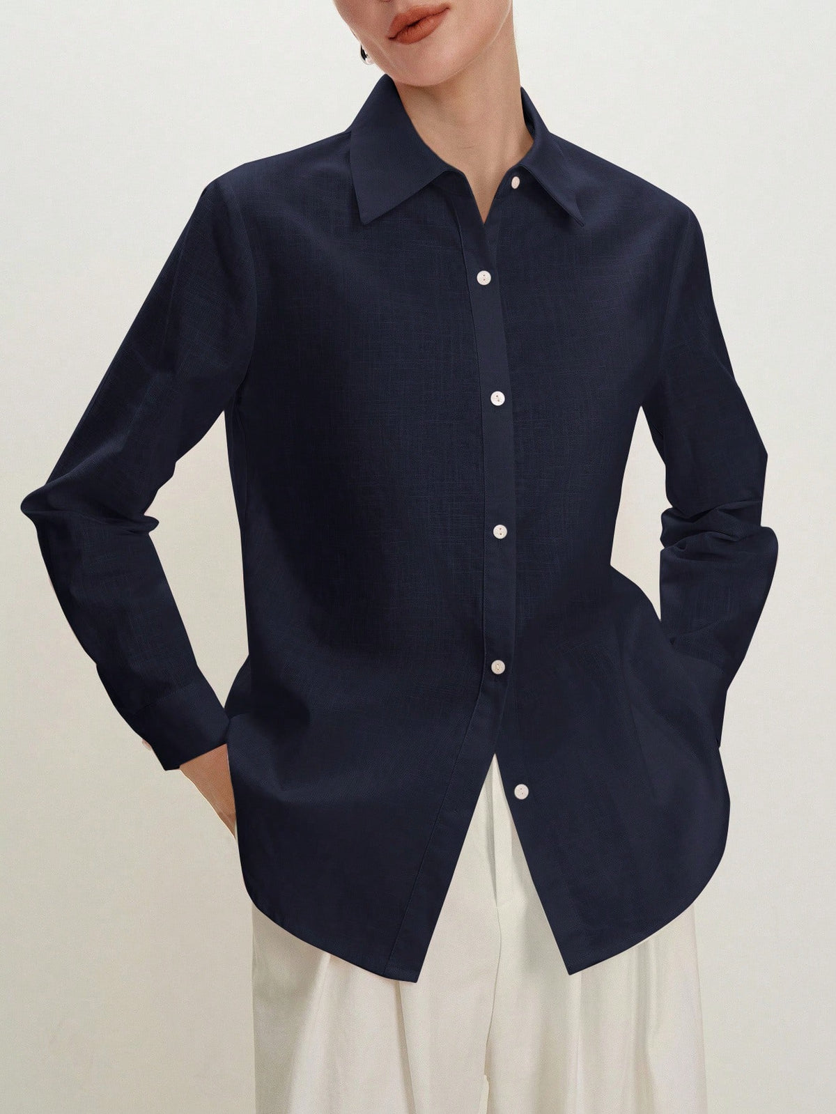 BizChic Navy Blue Women's Shirt, Spring Turn-Down Collar Off-Shoulder Front Open Single-Breasted Button Elegant Minimalist Casual Commute Date Daily Vacation Independence Day Graduation Season Music F