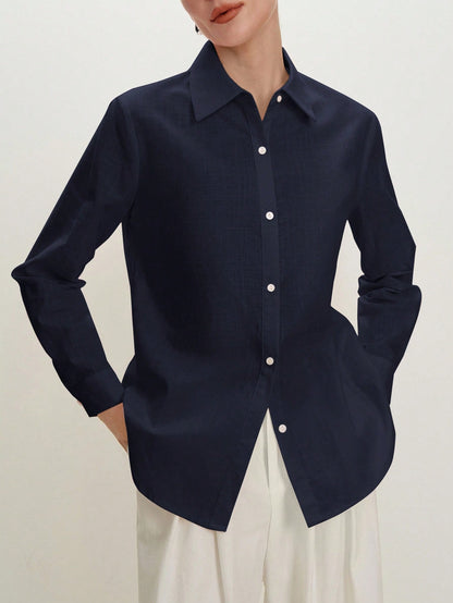 BizChic Navy Blue Women's Shirt, Spring Turn-Down Collar Off-Shoulder Front Open Single-Breasted Button Elegant Minimalist Casual Commute Date Daily Vacation Independence Day Graduation Season Music F