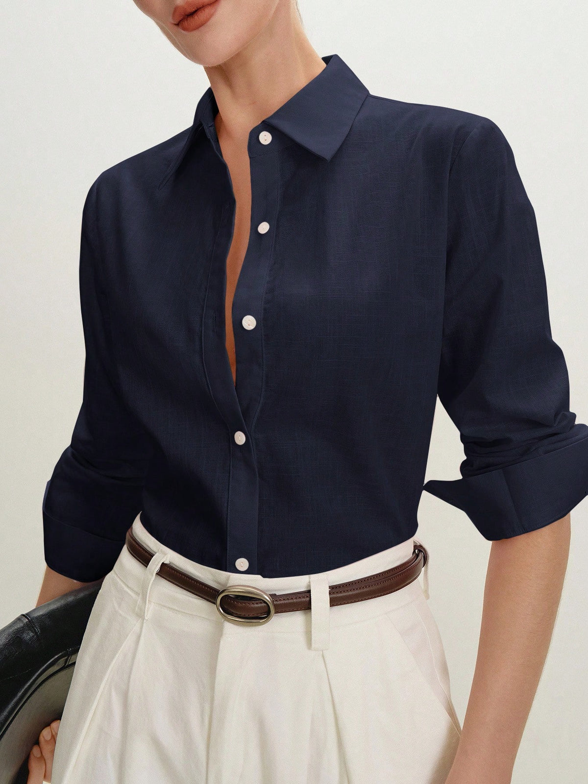 BizChic Navy Blue Women's Shirt, Spring Turn-Down Collar Off-Shoulder Front Open Single-Breasted Button Elegant Minimalist Casual Commute Date Daily Vacation Independence Day Graduation Season Music F