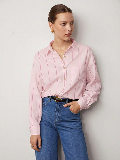 BizChic White Long Sleeve Loose Striped Shirt, Business Formal, Vacation Style, Slouchy, Commute, Date, Daily, Vacation, Office, Slimming, Elegant, Versatile, Summer, Autumn, Halloween, Back To School