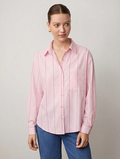 BizChic White Long Sleeve Loose Striped Shirt, Business Formal, Vacation Style, Slouchy, Commute, Date, Daily, Vacation, Office, Slimming, Elegant, Versatile, Summer, Autumn, Halloween, Back To School