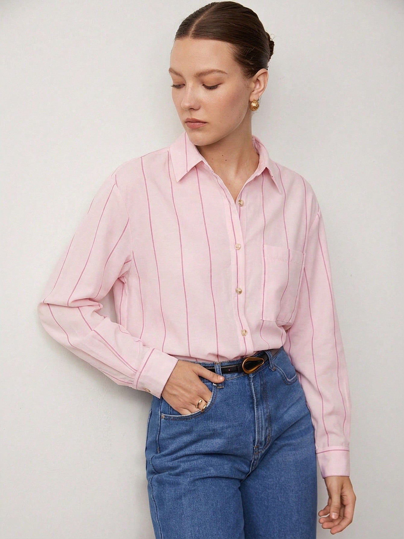 BizChic White Long Sleeve Loose Striped Shirt, Business Formal, Vacation Style, Slouchy, Commute, Date, Daily, Vacation, Office, Slimming, Elegant, Versatile, Summer, Autumn, Halloween, Back To School