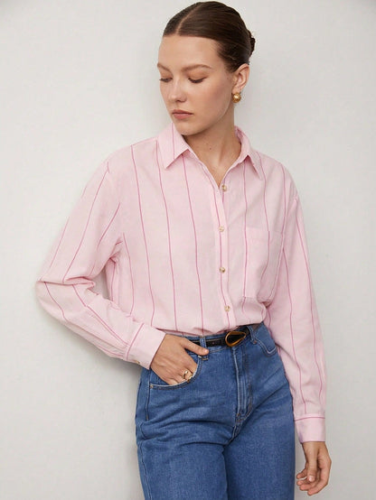 BizChic White Long Sleeve Loose Striped Shirt, Business Formal, Vacation Style, Slouchy, Commute, Date, Daily, Vacation, Office, Slimming, Elegant, Versatile, Summer, Autumn, Halloween, Back To School