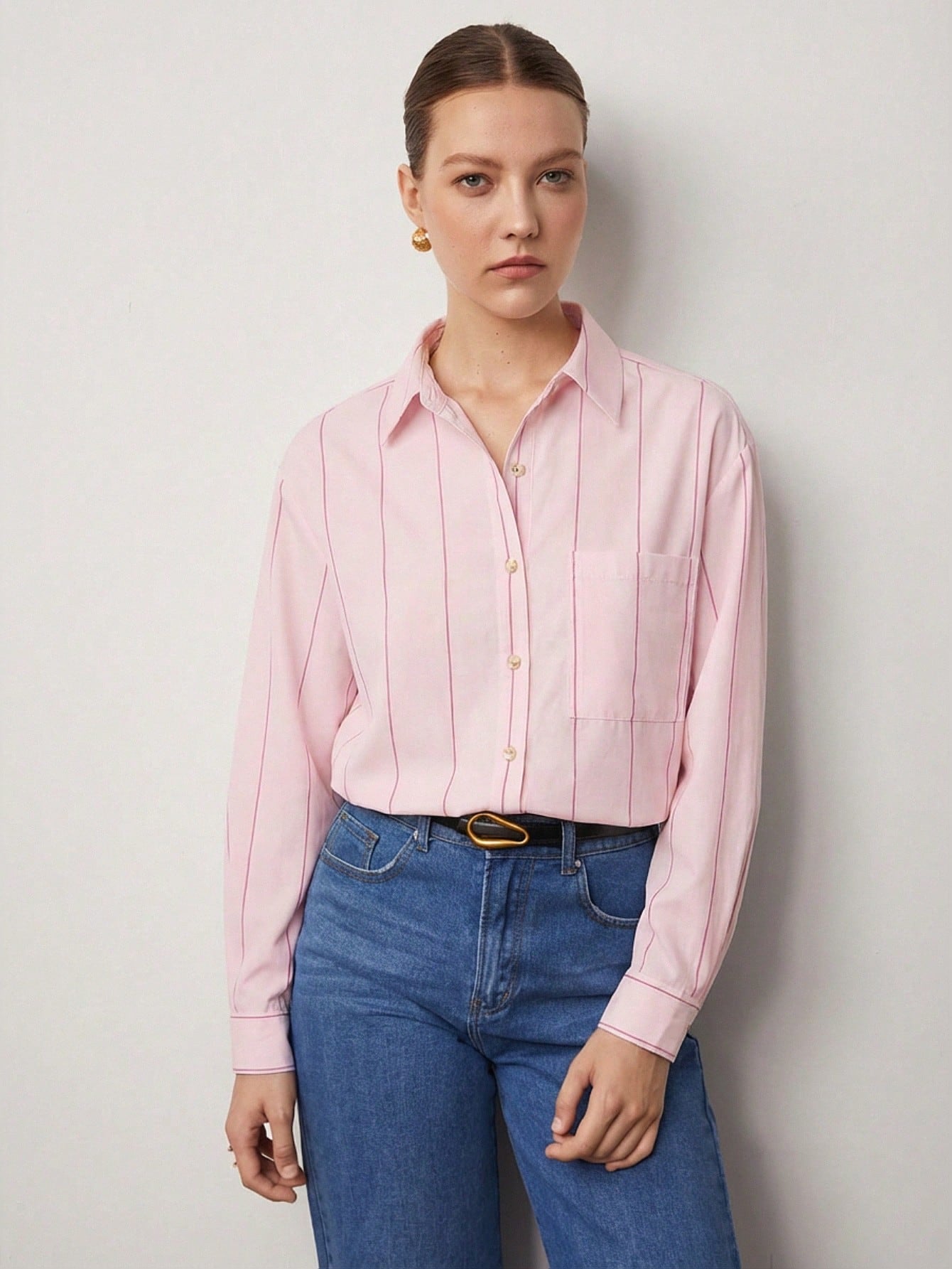 BizChic White Long Sleeve Loose Striped Shirt, Business Formal, Vacation Style, Slouchy, Commute, Date, Daily, Vacation, Office, Slimming, Elegant, Versatile, Summer, Autumn, Halloween, Back To School