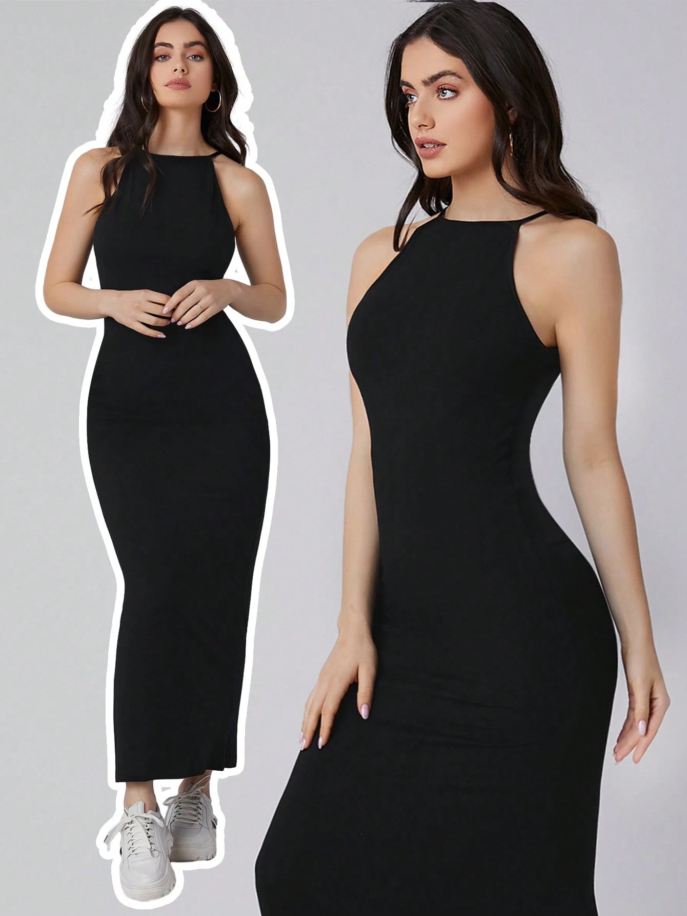 BizChic Women's Solid Color Halter Neck Black Long Dress, Urban Commute Business Casual Elegant Formal Suitable For Halloween, Christmas, Party And Gathering