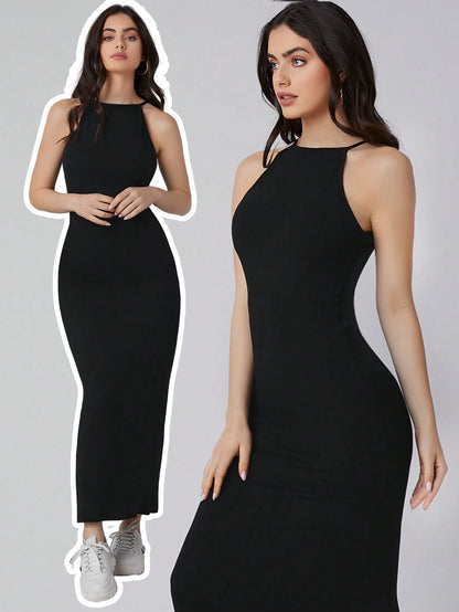 BizChic Women's Solid Color Halter Neck Black Long Dress, Urban Commute Business Casual Elegant Formal Suitable For Halloween, Christmas, Party And Gathering