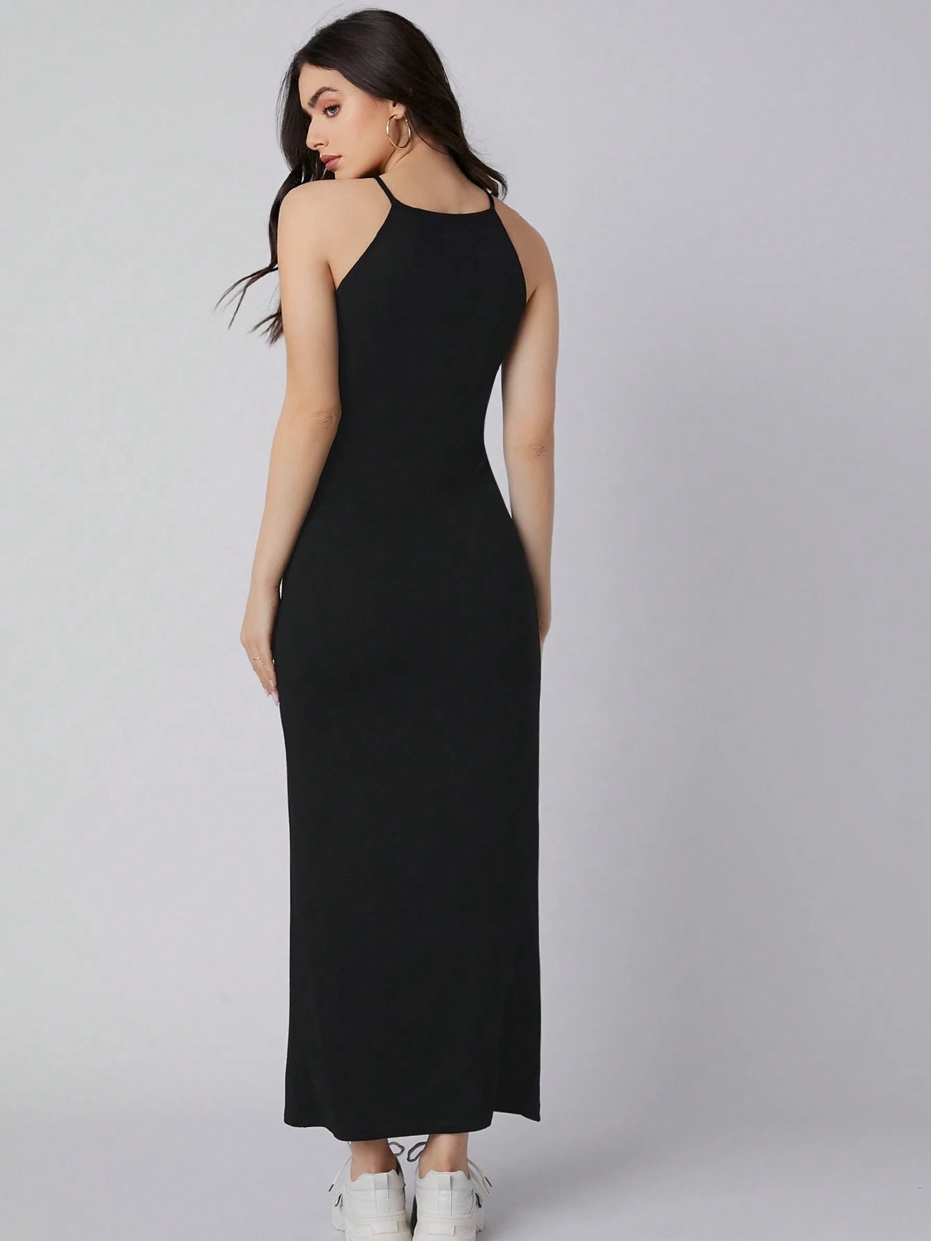 BizChic Women's Solid Color Halter Neck Black Long Dress, Urban Commute Business Casual Elegant Formal Suitable For Halloween, Christmas, Party And Gathering
