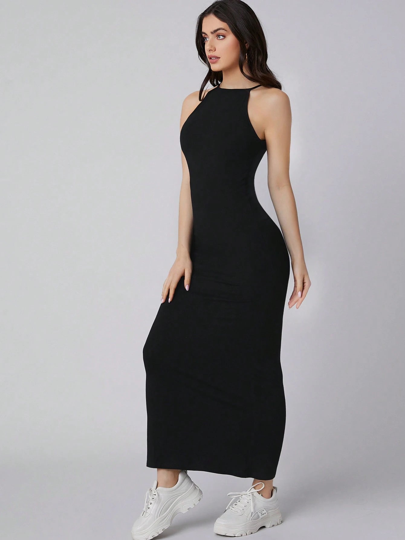 BizChic Women's Solid Color Halter Neck Black Long Dress, Urban Commute Business Casual Elegant Formal Suitable For Halloween, Christmas, Party And Gathering