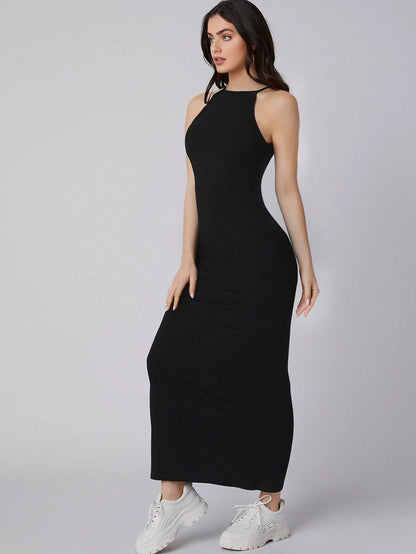 BizChic Women's Solid Color Halter Neck Black Long Dress, Urban Commute Business Casual Elegant Formal Suitable For Halloween, Christmas, Party And Gathering