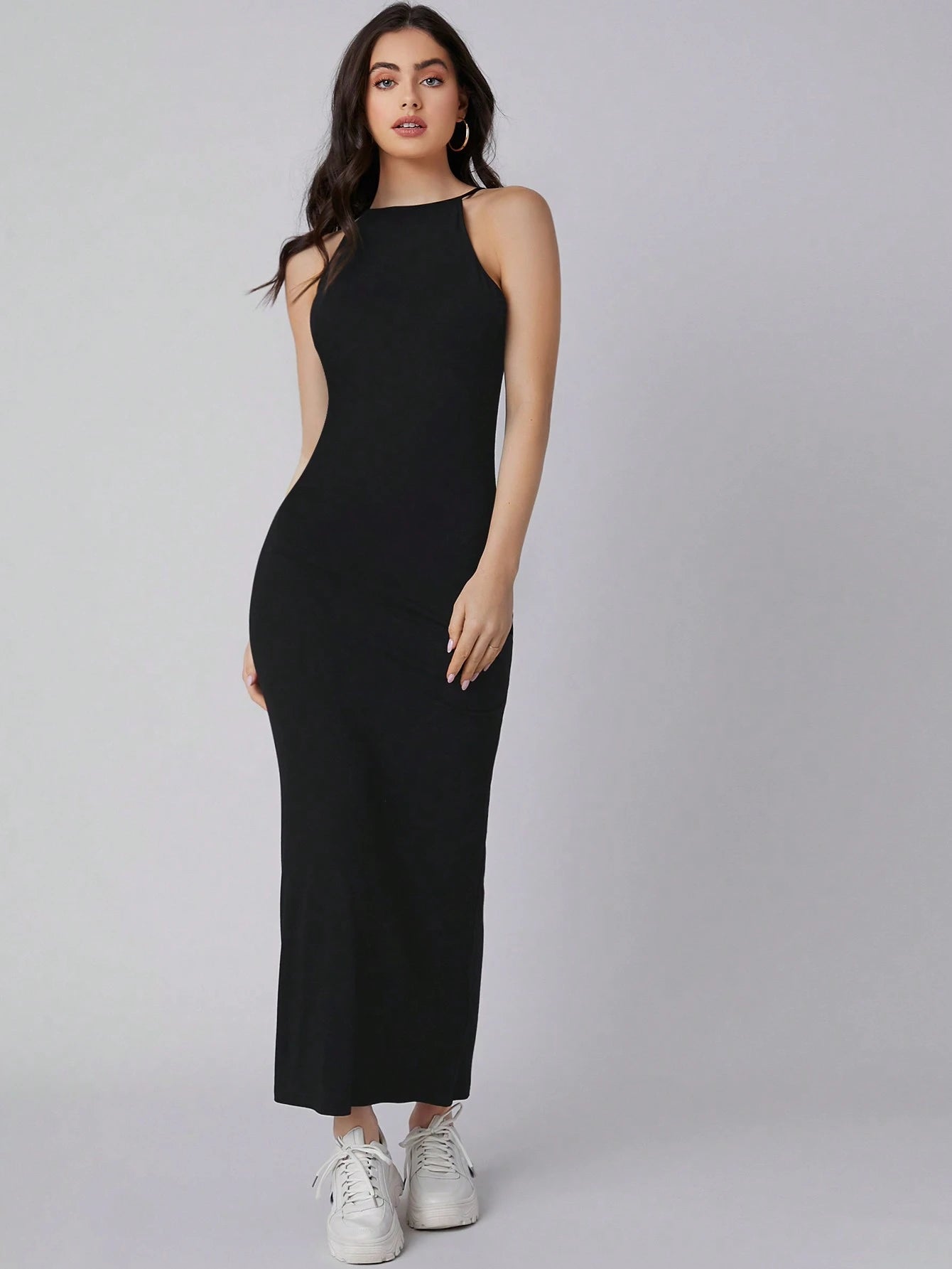 BizChic Women's Solid Color Halter Neck Black Long Dress, Urban Commute Business Casual Elegant Formal Suitable For Halloween, Christmas, Party And Gathering