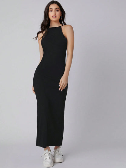 BizChic Women's Solid Color Halter Neck Black Long Dress, Urban Commute Business Casual Elegant Formal Suitable For Halloween, Christmas, Party And Gathering