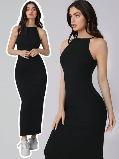BizChic Women's Solid Color Halter Neck Black Long Dress, Urban Commute Business Casual Elegant Formal Suitable For Halloween, Christmas, Party And Gathering