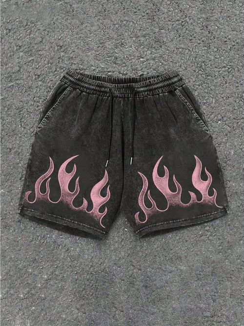 Black Denim Shorts With Pink Flame Pattern- Casual Elastic Waistband With Adjustable Drawstring, Couples Matching Outfits Essential/Workout Short