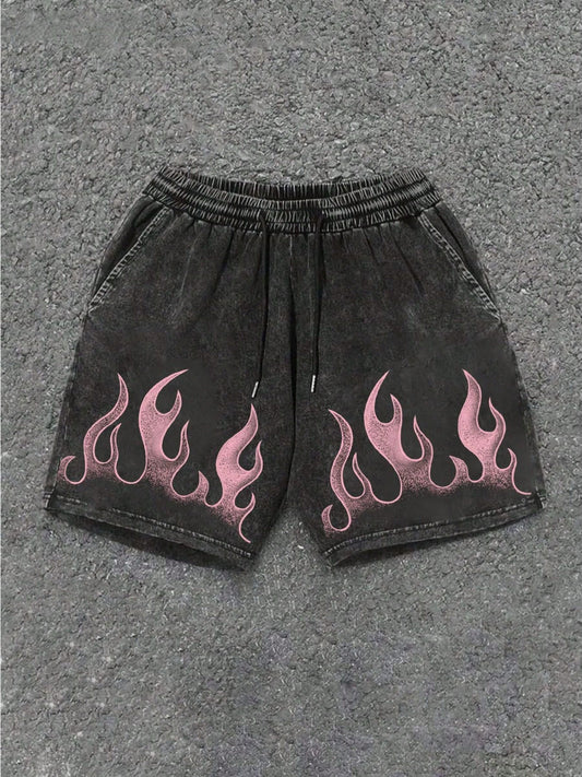 Black Denim Shorts With Pink Flame Pattern- Casual Elastic Waistband With Adjustable Drawstring, Couples Matching Outfits Essential/Workout Short