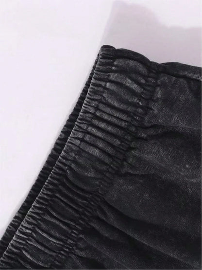 Black Denim Shorts With Pink Flame Pattern- Casual Elastic Waistband With Adjustable Drawstring, Couples Matching Outfits Essential/Workout Short
