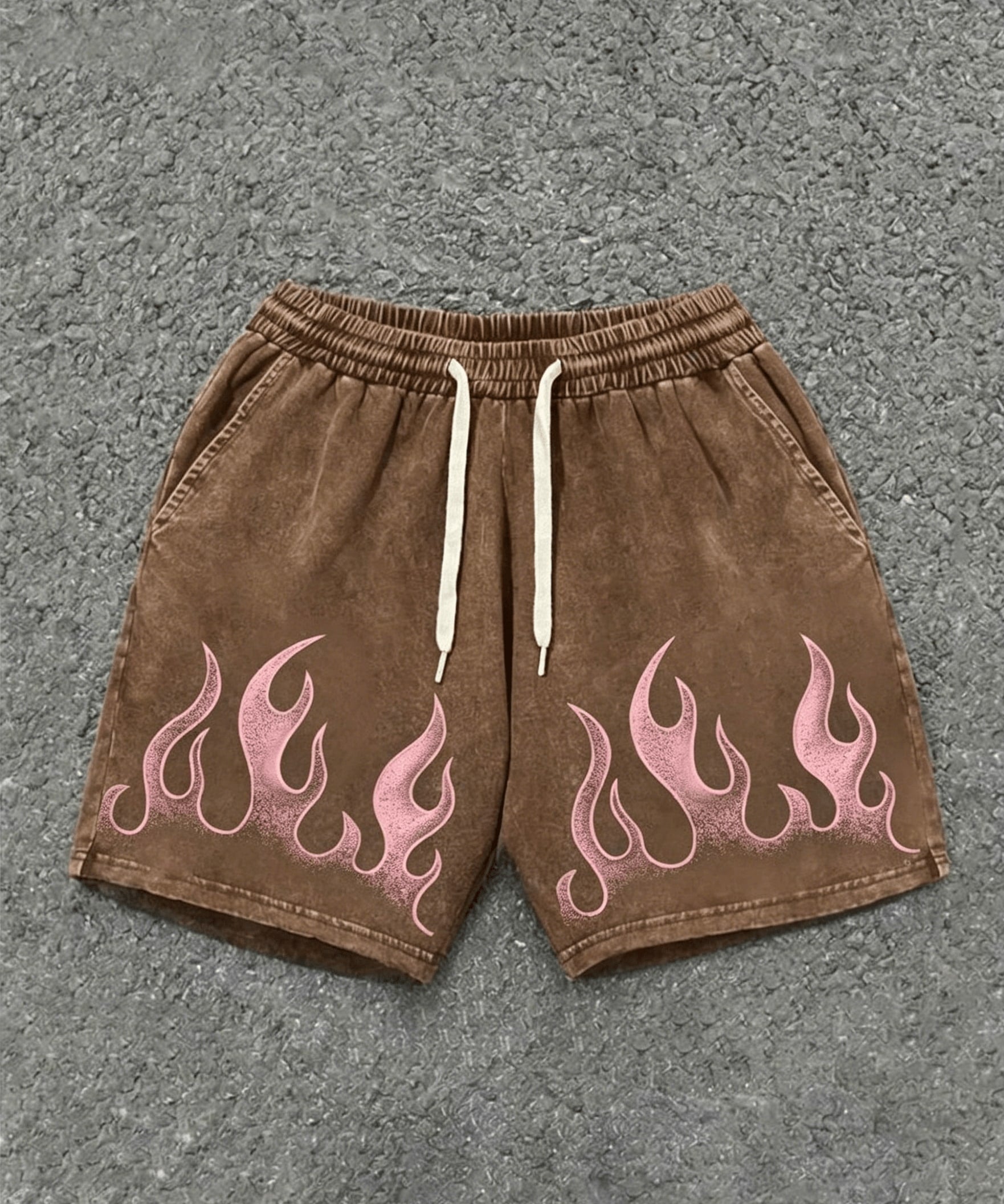 Black Denim Shorts With Pink Flame Pattern- Casual Elastic Waistband With Adjustable Drawstring, Couples Matching Outfits Essential/Workout Short