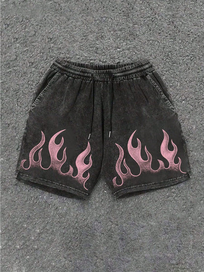 Black Denim Shorts With Pink Flame Pattern- Casual Elastic Waistband With Adjustable Drawstring, Couples Matching Outfits Essential/Workout Short