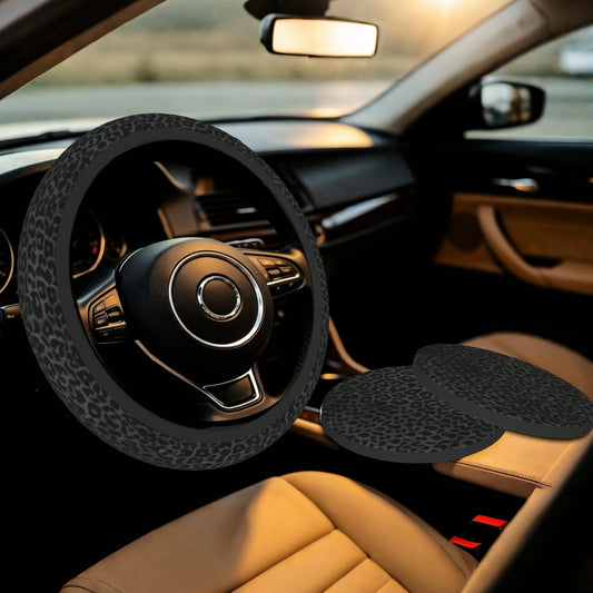 Black Leopard Print Steering Wheel Cover And Cup Holder Mat Set
