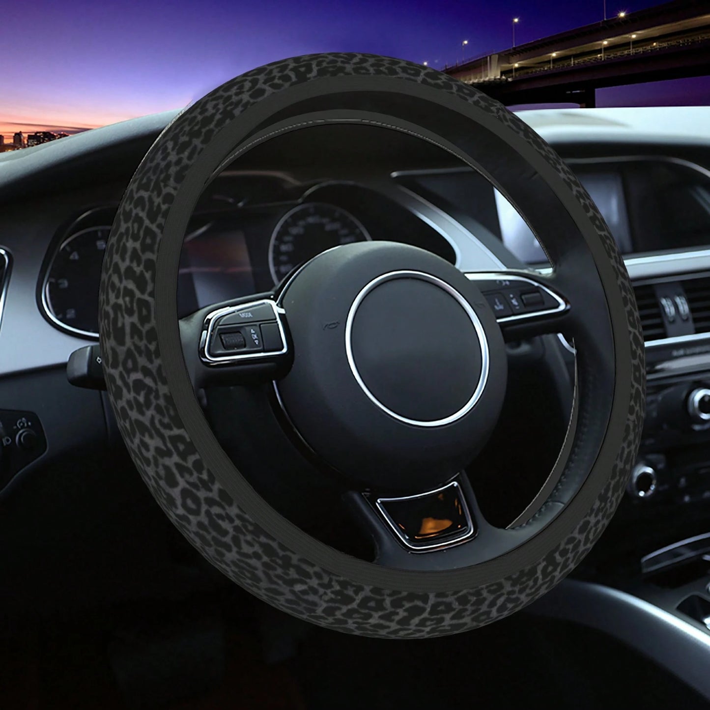 Black Leopard Print Steering Wheel Cover And Cup Holder Mat Set