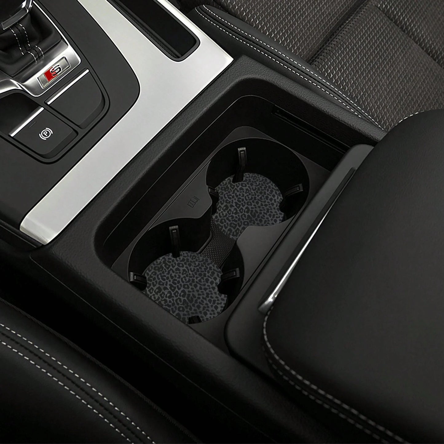 Black Leopard Print Steering Wheel Cover And Cup Holder Mat Set