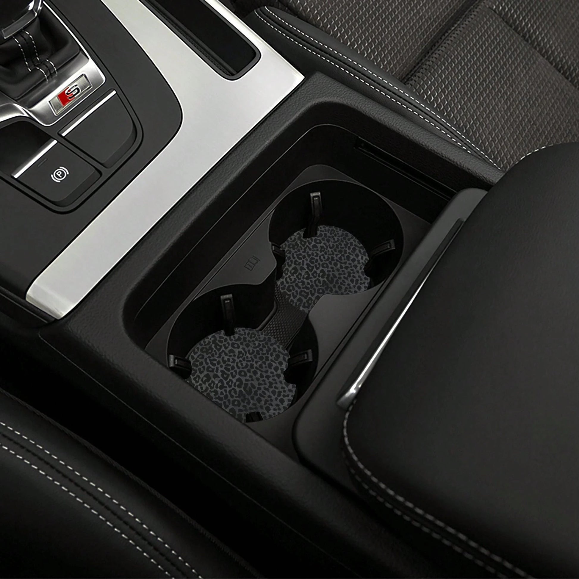 Black Leopard Print Steering Wheel Cover And Cup Holder Mat Set