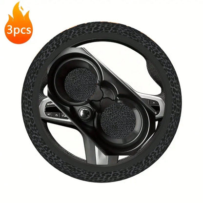 Black Leopard Print Steering Wheel Cover And Cup Holder Mat Set