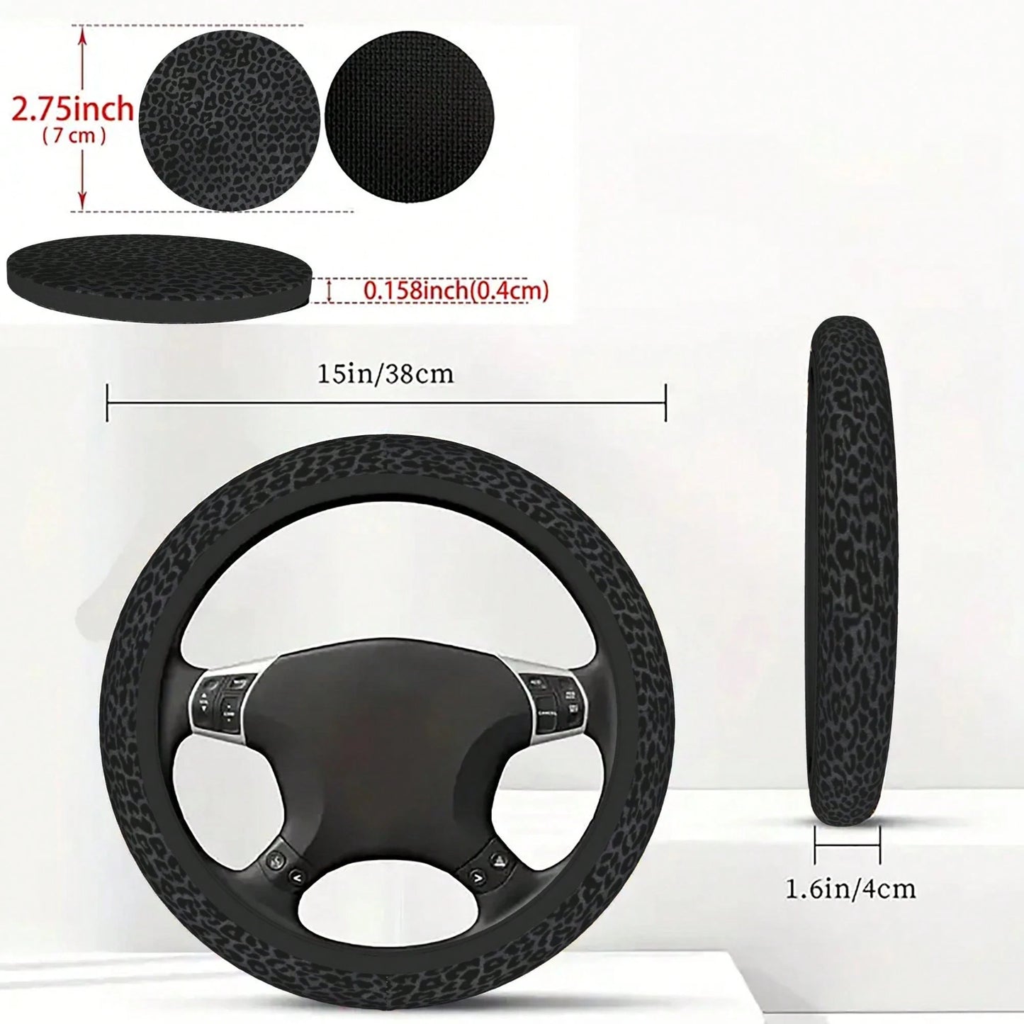 Black Leopard Print Steering Wheel Cover And Cup Holder Mat Set