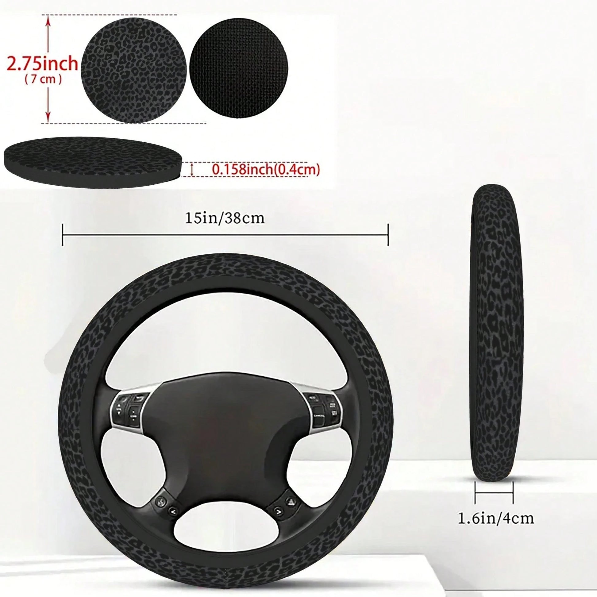 Black Leopard Print Steering Wheel Cover And Cup Holder Mat Set