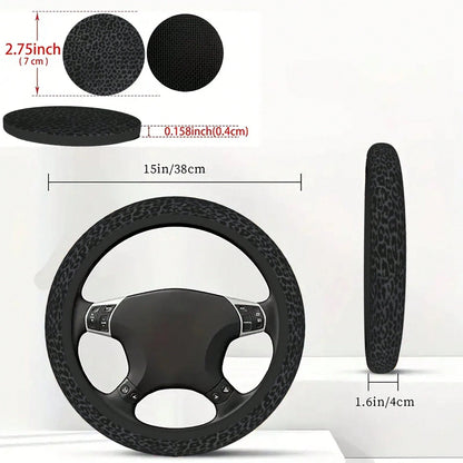 Black Leopard Print Steering Wheel Cover And Cup Holder Mat Set
