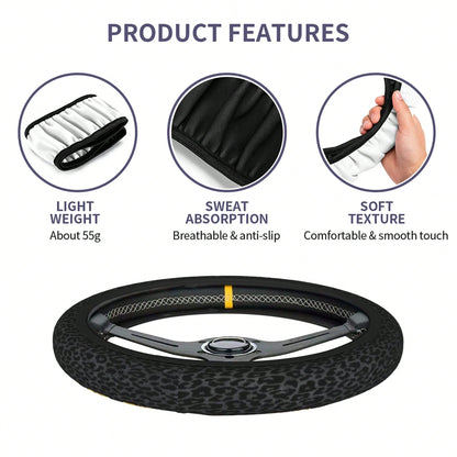 Black Leopard Print Steering Wheel Cover And Cup Holder Mat Set