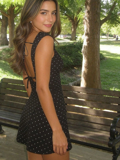 Black Polka Dot Backless Tie Strap Mini Dress Elegant Pink, French Girl Style Party Summer
