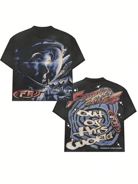 Black Tee With "Astronaut" Graphic, Retro Futuristic Fashion,Double-Sided Personalized Printed Pure Cotton Durable Choice Versatile Short-Sleeved
