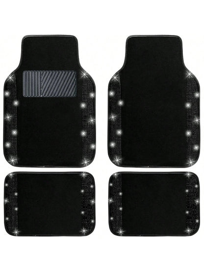 Bling Car Floor Mats Full Set, Universal Fit Most Cars,SUV, Trucks, 4 Pcs Sparkle Glitter Diamond Carpet For Women Girls With Anti-Slip Pad
