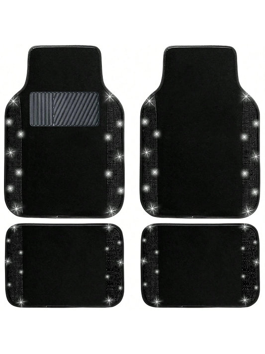 Bling Car Floor Mats Full Set, Universal Fit Most Cars,SUV, Trucks, 4 Pcs Sparkle Glitter Diamond Carpet For Women Girls With Anti-Slip Pad
